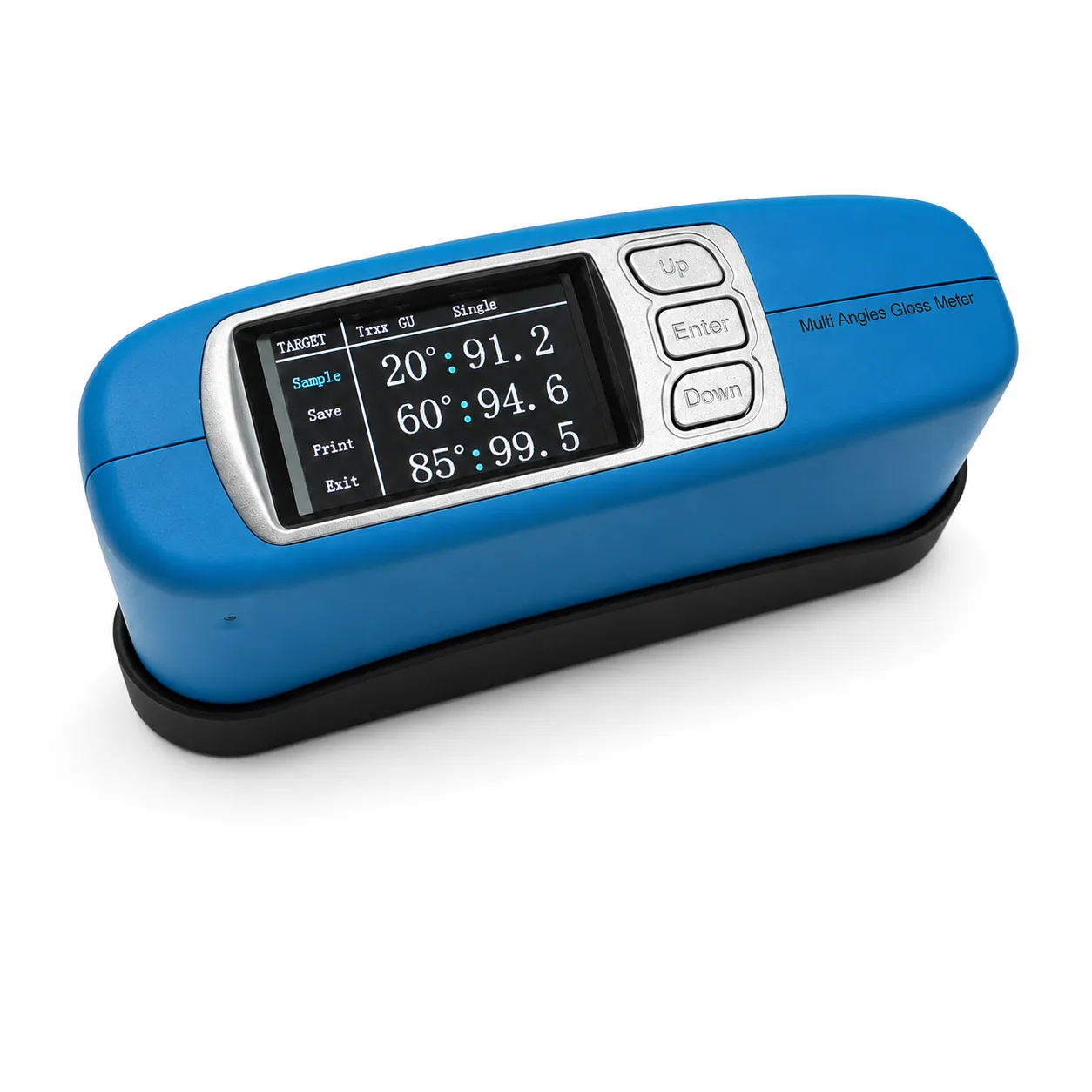 Handheld multi angle gloss meter showing readings at 20, 60 and 85 degrees in gloss units