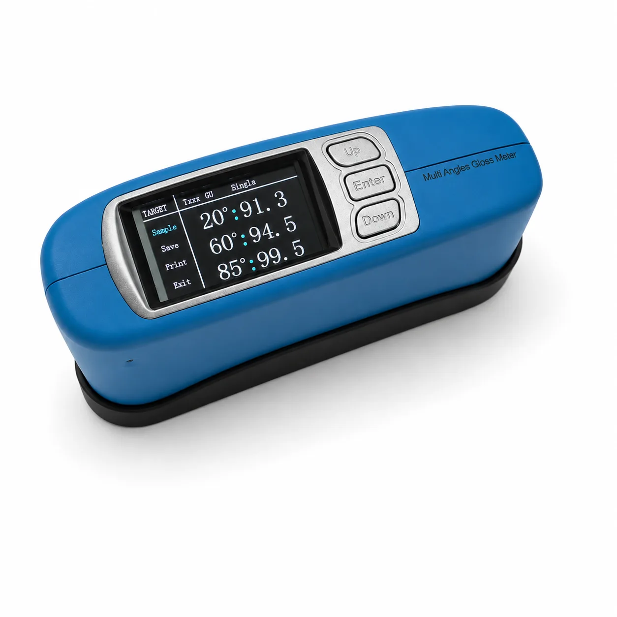 Gloss meter seen from the front with the three angle readings on screen