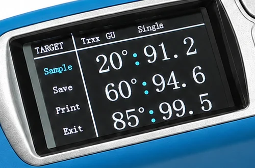 Close view of the display showing the 20, 60 and 85 degree readings together