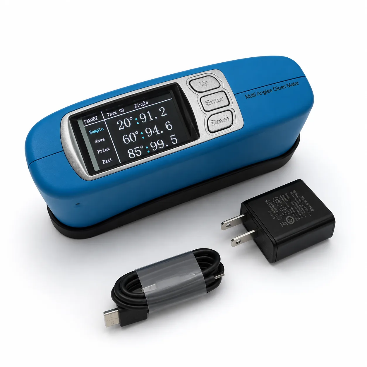 The gloss meter with its charger and USB cable